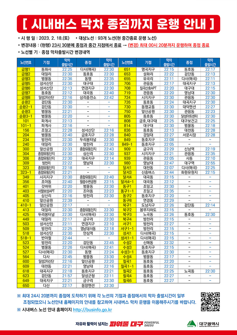 시내버스 노선별 기종점 막차 출발시간 안내문 (대구시 버스운영과 제공)