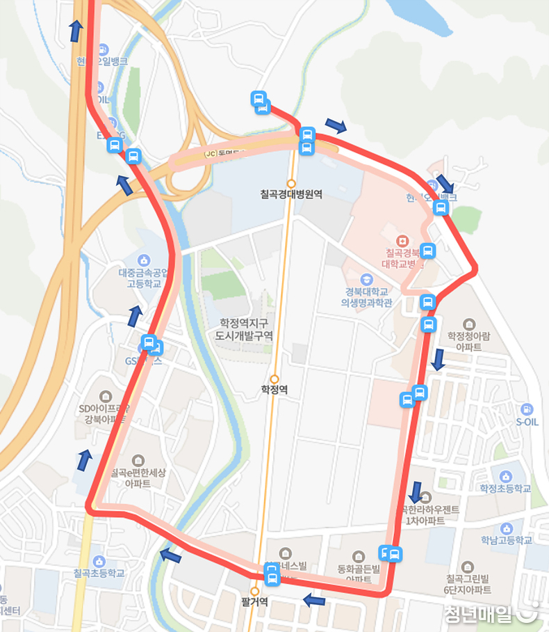 급행 9번 버스의 이동경로 (대구시청 제공)